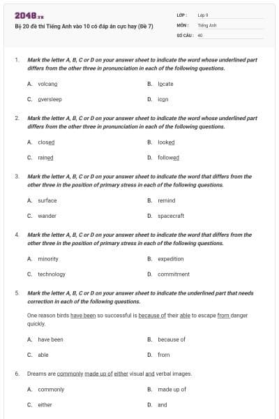 Bộ 20 đề thi Tiếng Anh vào 10 có đáp án cực hay (Đề 7)