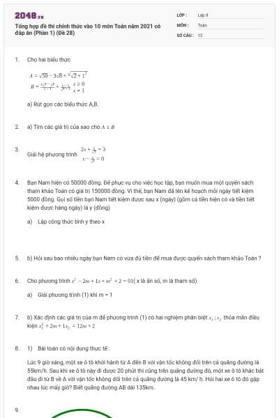 Tổng hợp đề thi chính thức vào 10 môn Toán năm 2021 có đáp án (Phần 1) (Đề 28)