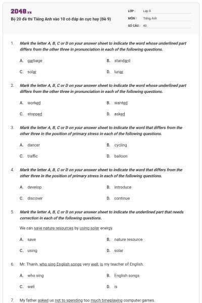 Bộ 20 đề thi Tiếng Anh vào 10 có đáp án cực hay (Đề 9)