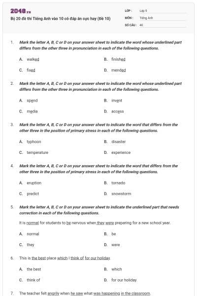 Bộ 20 đề thi Tiếng Anh vào 10 có đáp án cực hay (Đề 10)