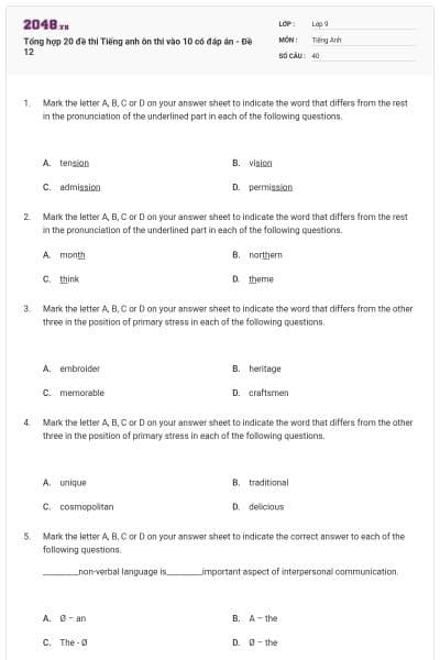 Tổng hợp 20 đề thi Tiếng anh ôn thi vào 10 có đáp án - Đề 12