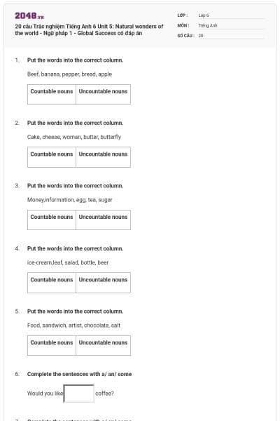 20 câu Trắc nghiệm Tiếng Anh 6 Unit 5: Natural wonders of the world - Ngữ pháp 1 - Global Success có đáp án