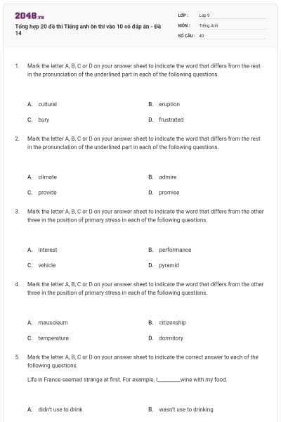 Tổng hợp 20 đề thi Tiếng anh ôn thi vào 10 có đáp án - Đề 14
