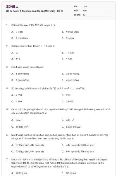 Đề thi học kì 1 Toán lớp 4 có đáp án  (Mới nhất) - Đề 10