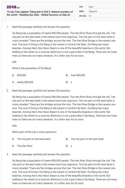 10 câu Trắc nghiệm Tiếng Anh 6 Unit 5: Natural wonders of the world - Reading đọc hiểu - Global Success có đáp án