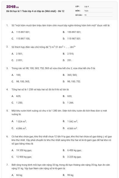 Đề thi học kì 1 Toán lớp 4 có đáp án  (Mới nhất) - Đề 12