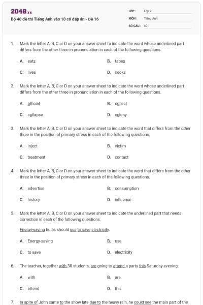Bộ 40 đề thi Tiếng Anh vào 10 có đáp án - Đề 16