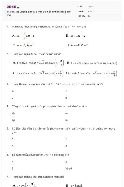 110 Bài tập Lượng giác từ đề thi Đại học cơ bản, nâng cao (P2)