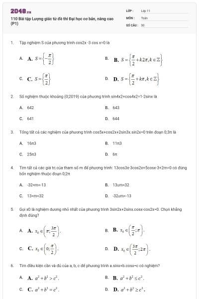 110 Bài tập Lượng giác từ đề thi Đại học cơ bản, nâng cao (P1)