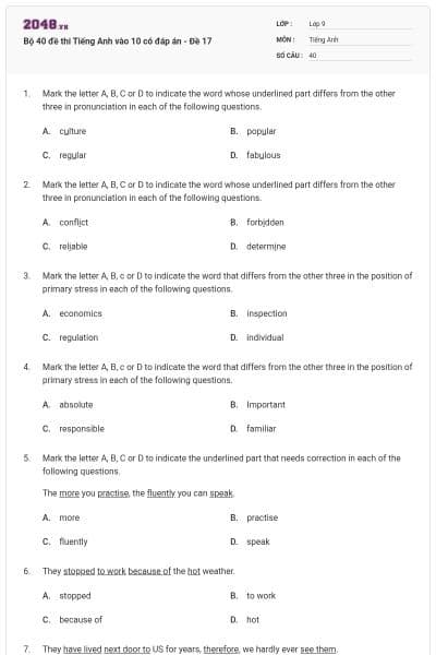 Bộ 40 đề thi Tiếng Anh vào 10 có đáp án - Đề 17
