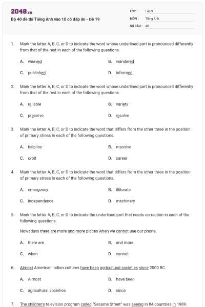 Bộ 40 đề thi Tiếng Anh vào 10 có đáp án - Đề 19
