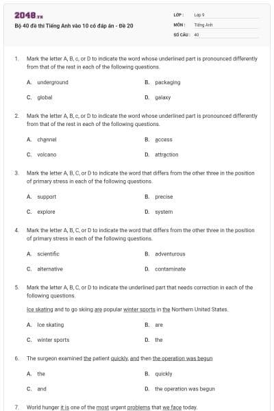 Bộ 40 đề thi Tiếng Anh vào 10 có đáp án - Đề 20