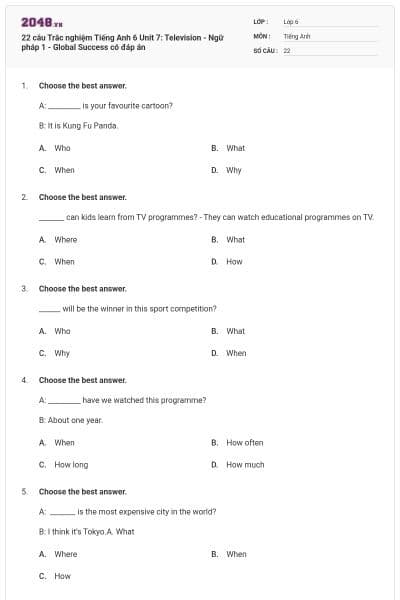 22 câu Trắc nghiệm Tiếng Anh 6 Unit 7: Television - Ngữ pháp 1 - Global Success có đáp án