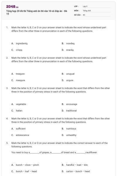 Tổng hợp 20 đề thi Tiếng anh ôn thi vào 10 có đáp án - Đề 15