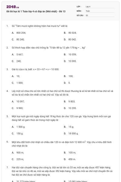 Đề thi học kì 1 Toán lớp 4 có đáp án  (Mới nhất) - Đề 13