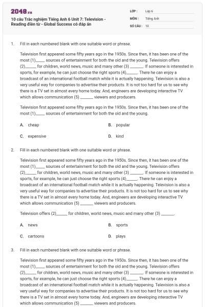 10 câu Trắc nghiệm Tiếng Anh 6 Unit 7: Television - Reading điền từ - Global Success có đáp án