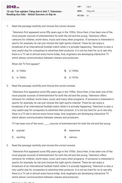 10 câu Trắc nghiệm Tiếng Anh 6 Unit 7: Television - Reading đọc hiểu - Global Success có đáp án