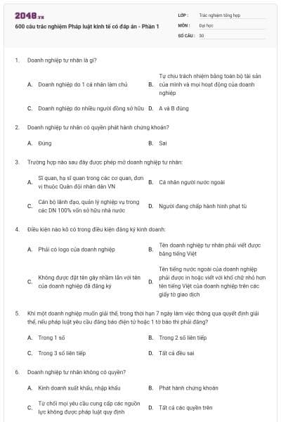 600 câu trắc nghiệm Pháp luật kinh tế có đáp án - Phần 1