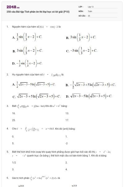 250 câu Bài tập Tích phân ôn thi Đại học có lời giải (P10)
