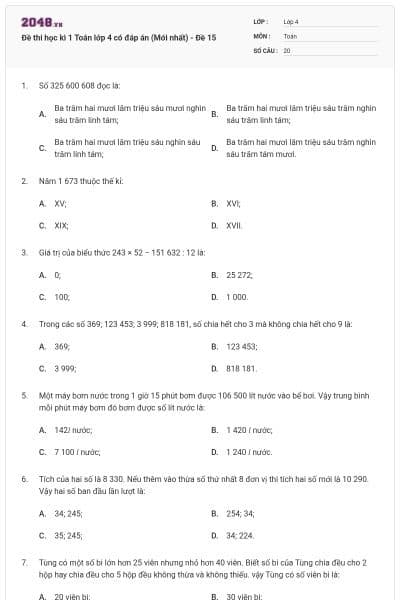 Đề thi học kì 1 Toán lớp 4 có đáp án  (Mới nhất) - Đề 15