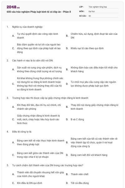 600 câu trắc nghiệm Pháp luật kinh tế có đáp án - Phần 8