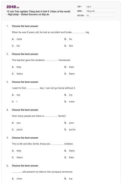 15 câu Trắc nghiệm Tiếng Anh 6 Unit 9: Cities of the world - Ngữ pháp - Global Success có đáp án