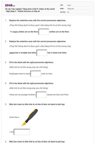 30 câu Trắc nghiệm Tiếng Anh 6 Unit 9: Cities of the world - Ngữ pháp 2 - Global Success có đáp án