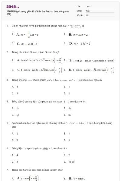 110 Bài tập Lượng giác từ đề thi Đại học cơ bản, nâng cao (P2)