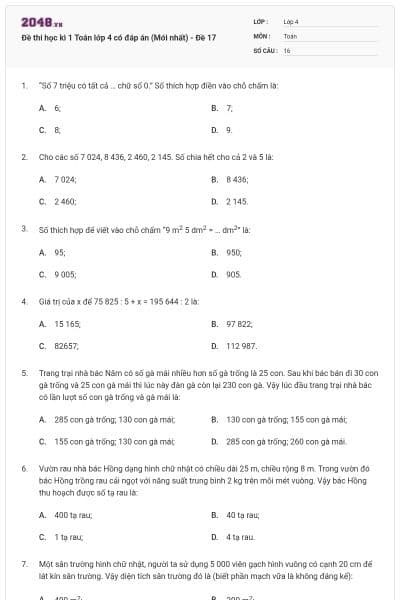 Đề thi học kì 1 Toán lớp 4 có đáp án  (Mới nhất) - Đề 17