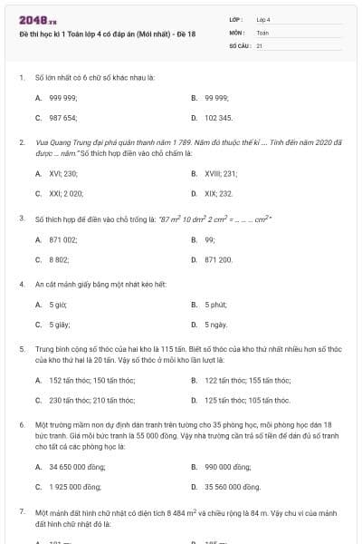 Đề thi học kì 1 Toán lớp 4 có đáp án  (Mới nhất) - Đề 18
