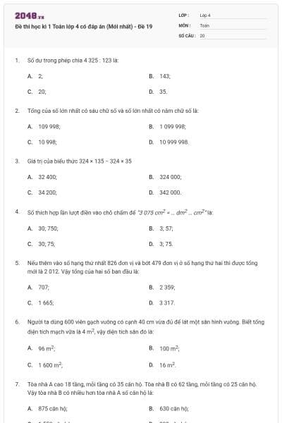 Đề thi học kì 1 Toán lớp 4 có đáp án  (Mới nhất) - Đề 19