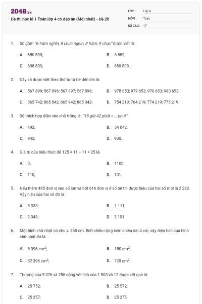 Đề thi học kì 1 Toán lớp 4 có đáp án  (Mới nhất) - Đề 20