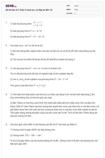 Đề thi Học kì 2 Toán 9 chọn lọc, có đáp án (Đề 12)
