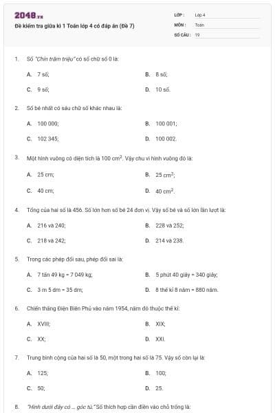 Đề kiểm tra giữa kì 1 Toán lớp 4 có đáp án (Đề 7)