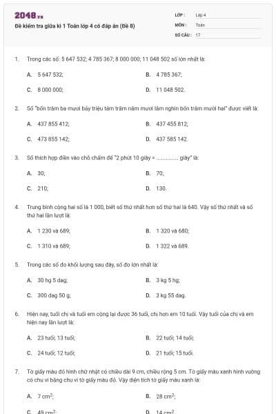 Đề kiểm tra giữa kì 1 Toán lớp 4 có đáp án (Đề 8)