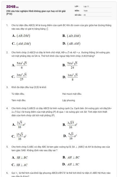 250 câu trắc nghiệm Hình không gian cực hay có lời giải (P10)