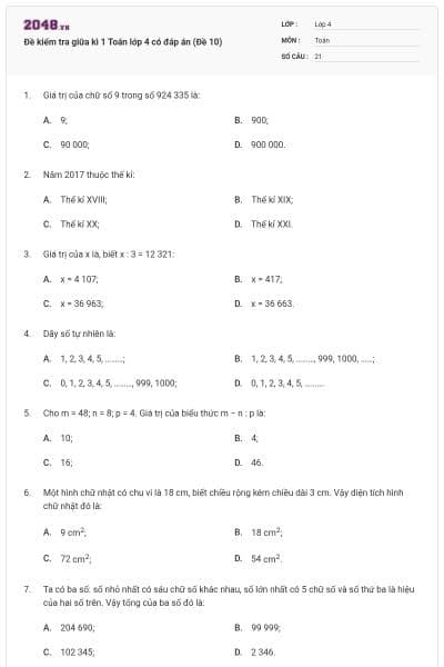 Đề kiểm tra giữa kì 1 Toán lớp 4 có đáp án (Đề 10)
