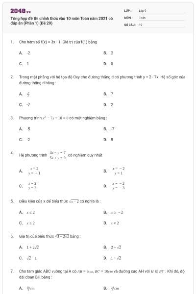 Tổng hợp đề thi chính thức vào 10 môn Toán năm 2021 có đáp án (Phần 1) (Đề 29)
