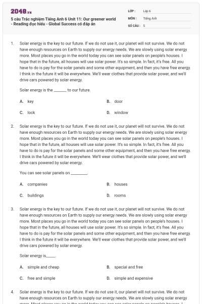 5 câu Trắc nghiệm Tiếng Anh 6 Unit 11: Our greener world - Reading đọc hiểu - Global Success có đáp án