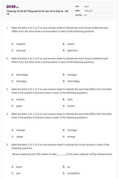 Tổng hợp 20 đề thi Tiếng anh ôn thi vào 10 có đáp án - Đề 16