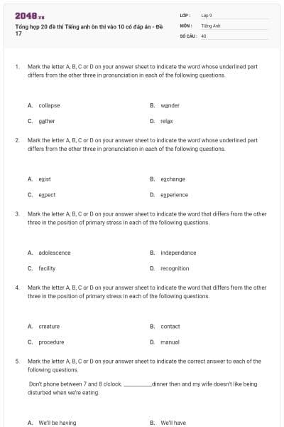Tổng hợp 20 đề thi Tiếng anh ôn thi vào 10 có đáp án - Đề 17