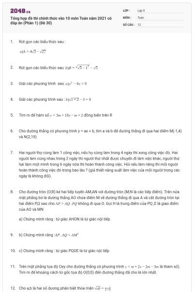 Tổng hợp đề thi chính thức vào 10 môn Toán năm 2021 có đáp án (Phần 1) (Đề 30)