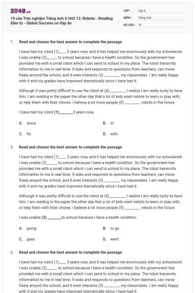 10 câu Trắc nghiệm Tiếng Anh 6 Unit 12: Robots - Reading điền từ - Global Success có đáp án