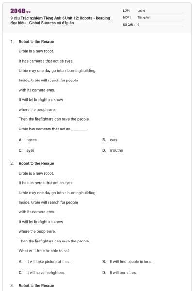 9 câu Trắc nghiệm Tiếng Anh 6 Unit 12: Robots - Reading đọc hiểu - Global Success có đáp án