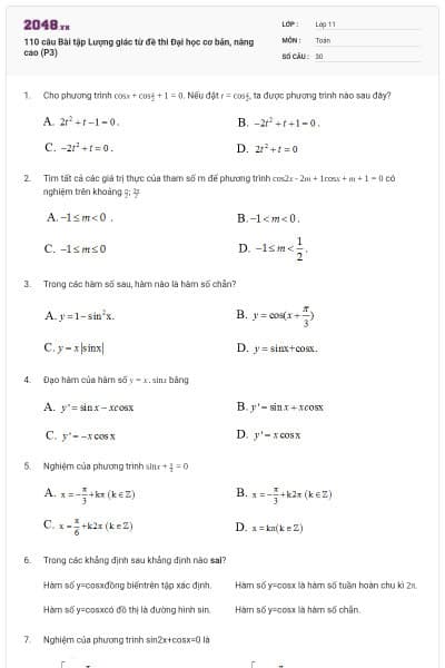 110 câu Bài tập Lượng giác từ đề thi Đại học cơ bản, nâng cao (P3)