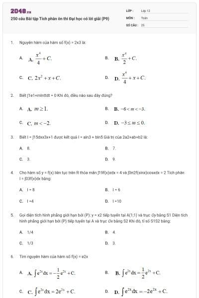 250 câu Bài tập Tích phân ôn thi Đại học có lời giải (P9)