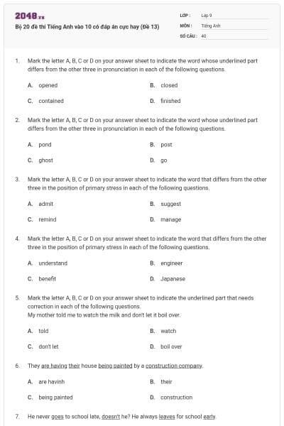 Bộ 20 đề thi Tiếng Anh vào 10 có đáp án cực hay (Đề 13)