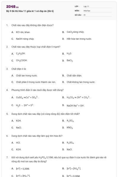 Bộ 9 Đề thi Hóa 11 giữa kì 1 có đáp án (Đề 6)