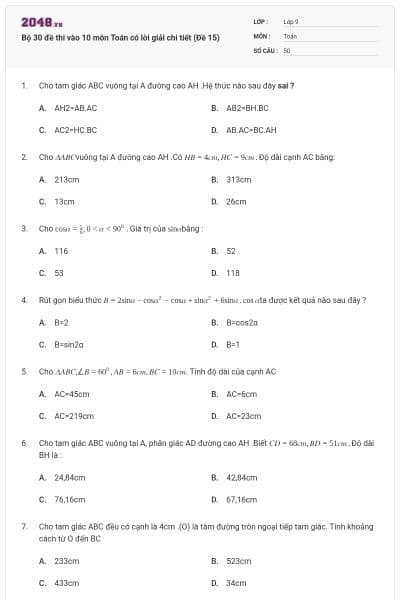 Bộ 30 đề thi vào 10 môn Toán có lời giải chi tiết (Đề 15)
