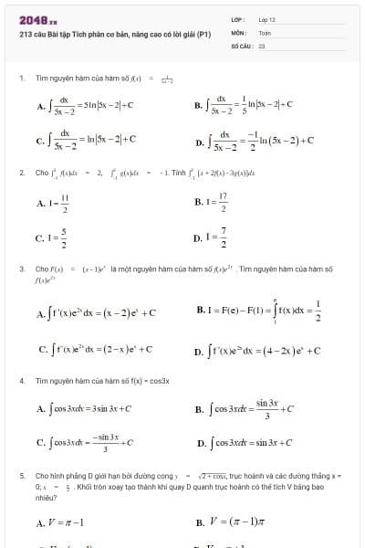 213 câu Bài tập Tích phân cơ bản, nâng cao có lời giải (P1)